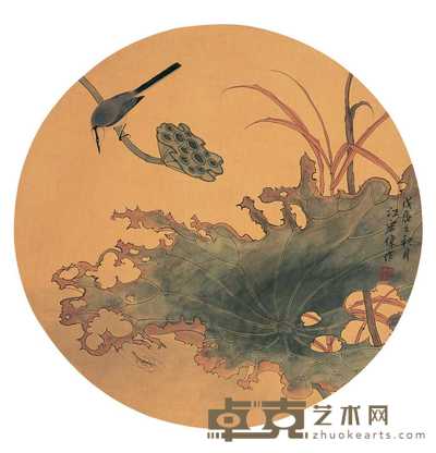 江宏伟 1988年作 荷花小鸟 立轴 直径55cm